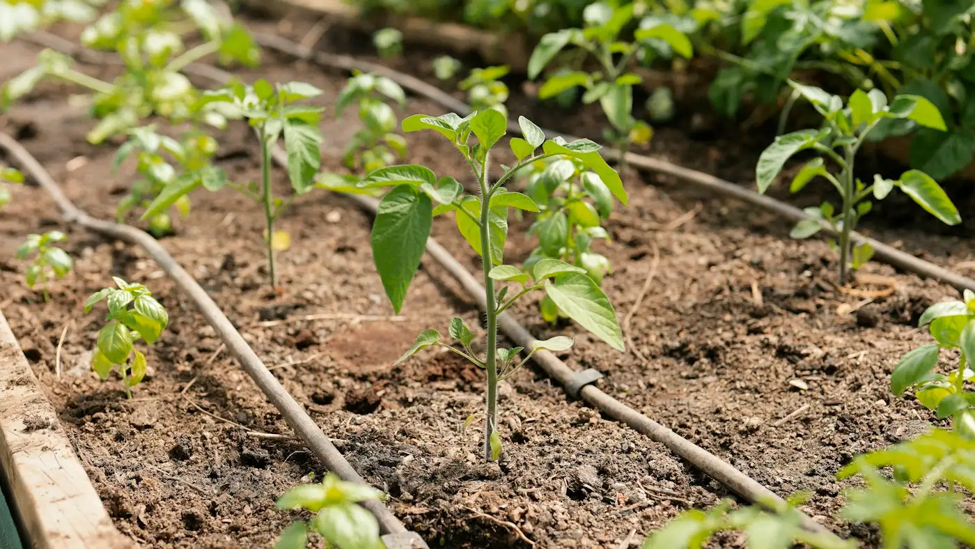 Plants grow in a garden bed with irrigation