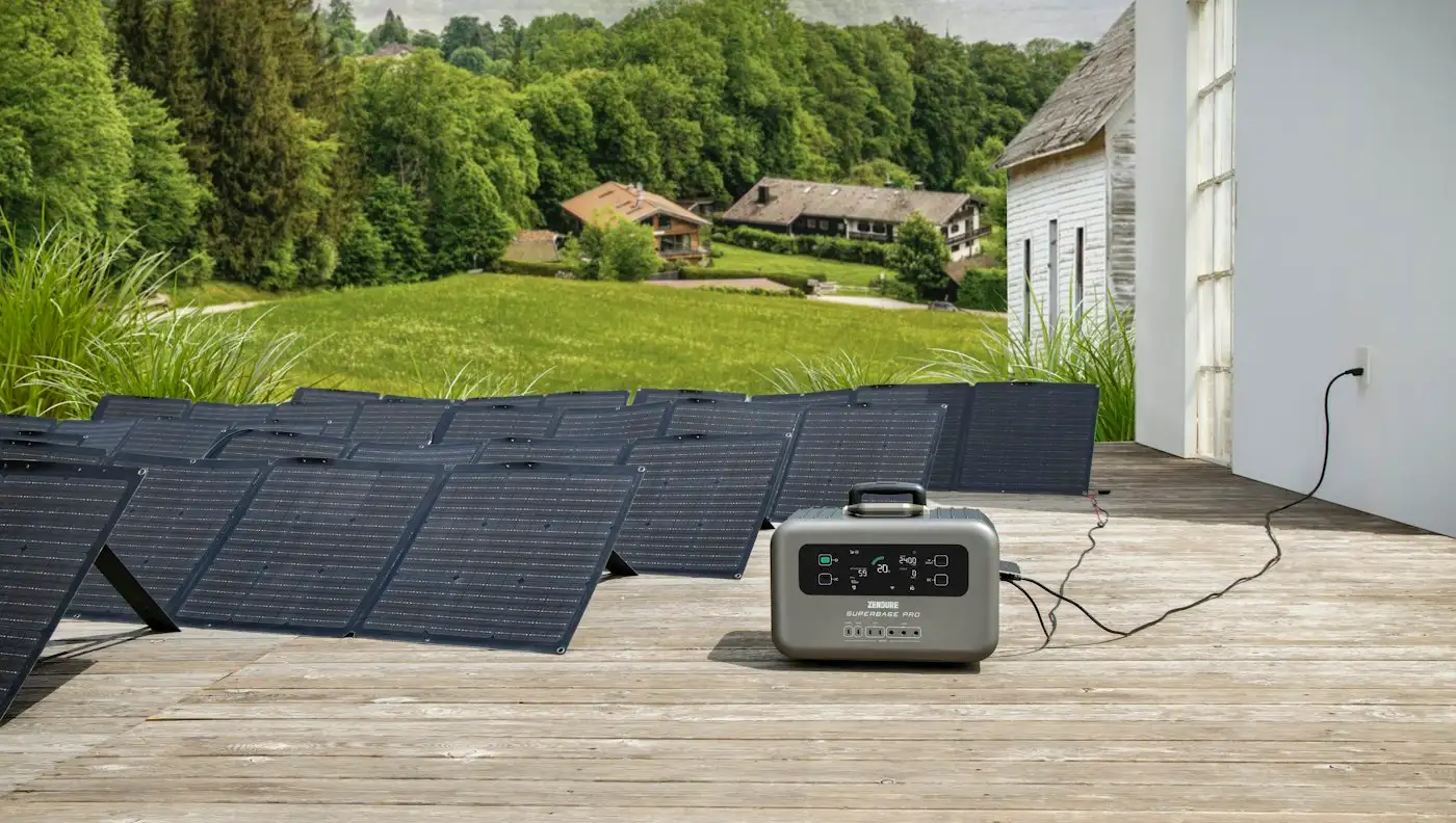 A solar powered generator sitting on a wooden deck