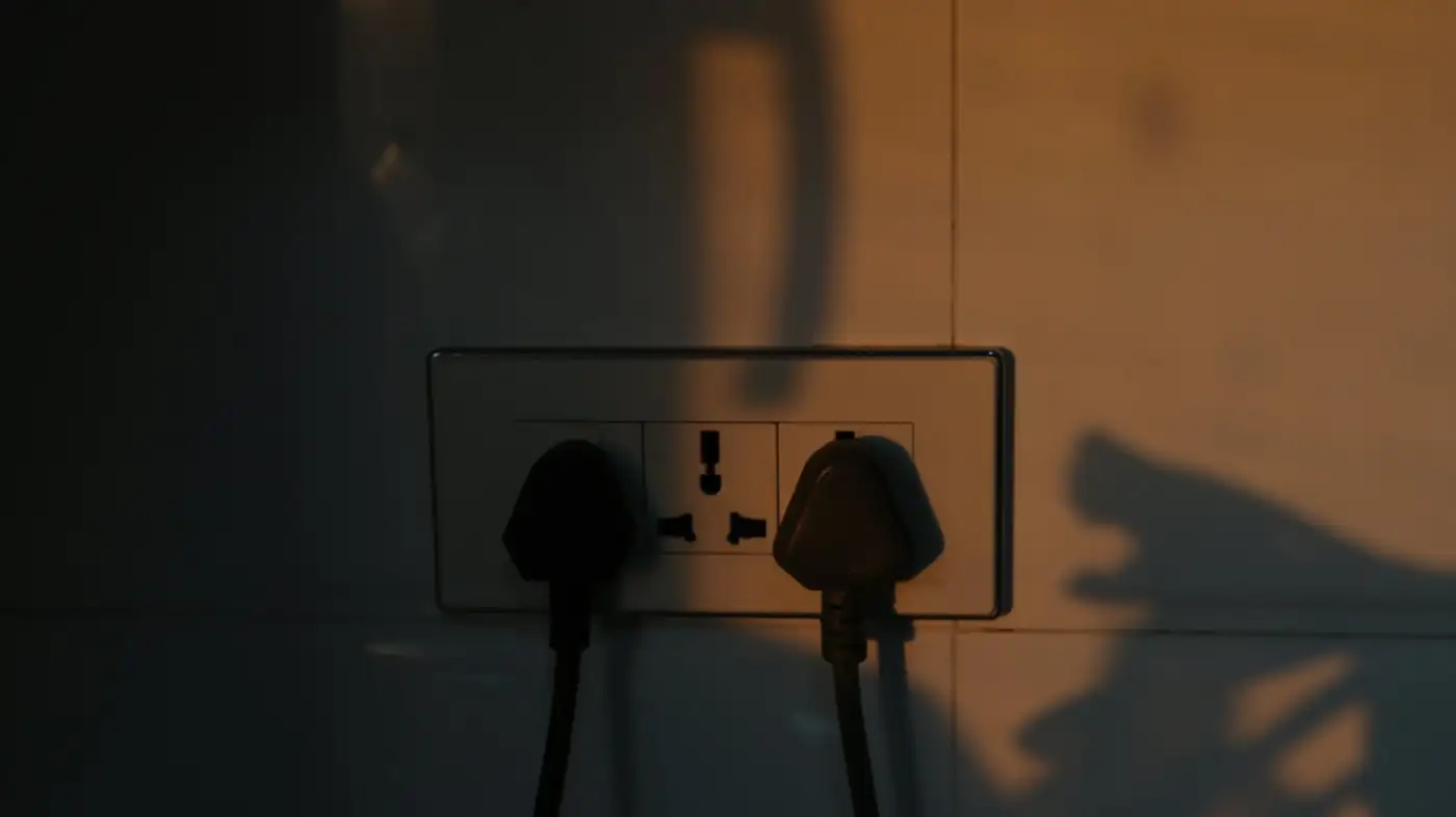 Electrical wall socket with two plugs and dramatic light shadows